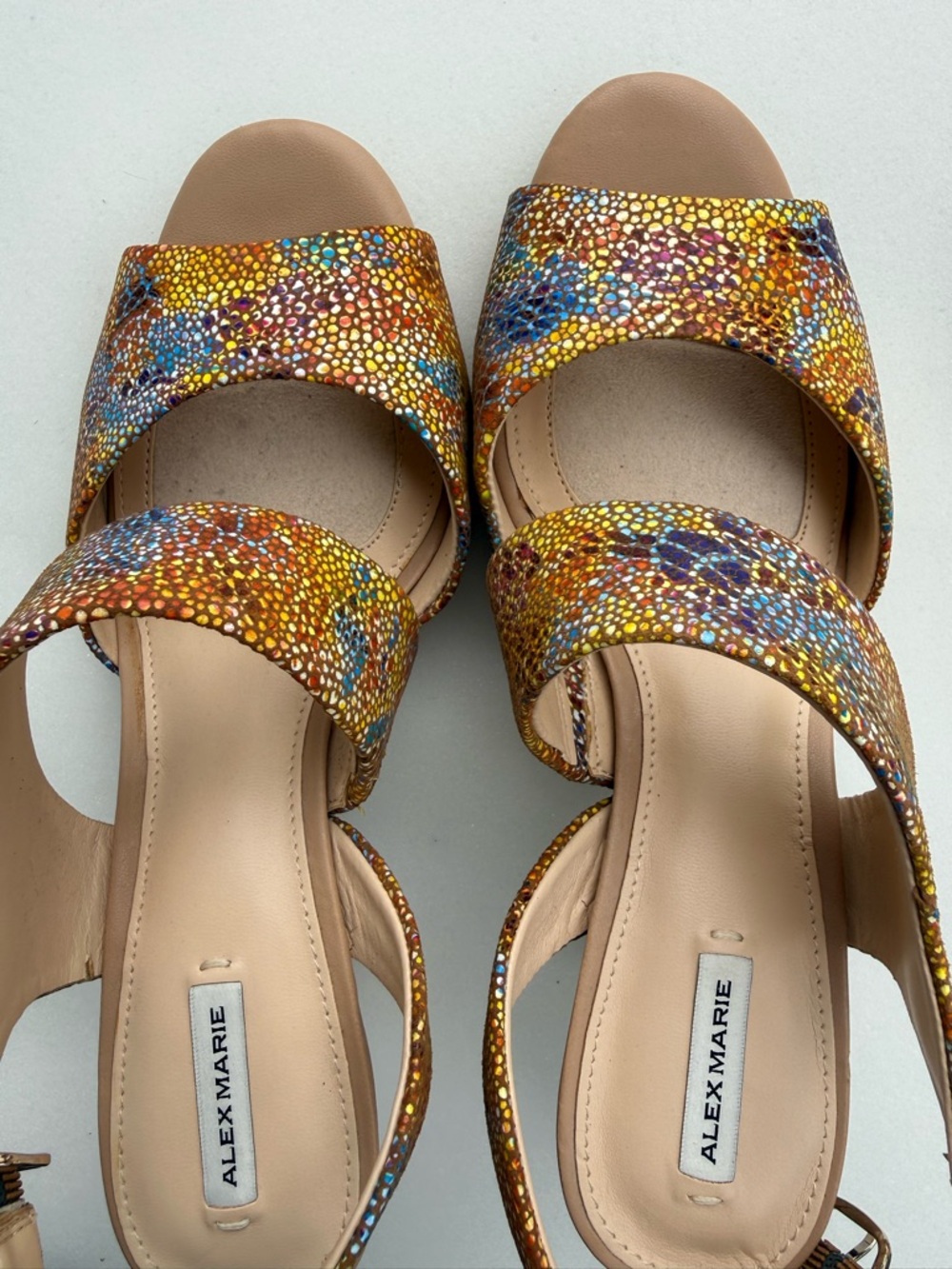 Alex Marie Mosaic Leather Multicolored Buckle Mid-Height Heeled Sandal Size 7.5M - Picture 6 of 9